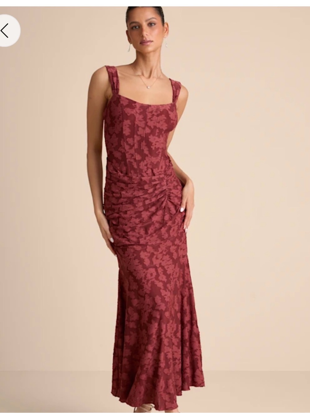 BRAND NEW NEVER WORN- Lulu's Burgundy Jacquard Ruched Square-Neck Maxi Dress